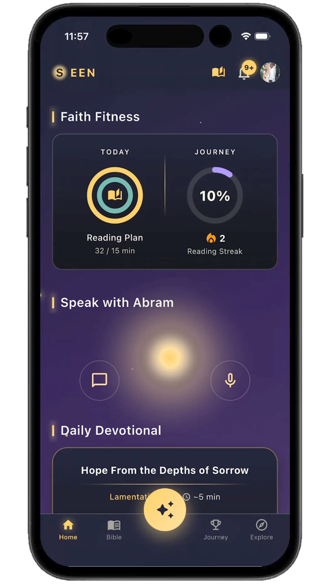 The Seen home screen on iPhone — Faith Fitness rings, Speak with Abram, and today's Daily Devotional.