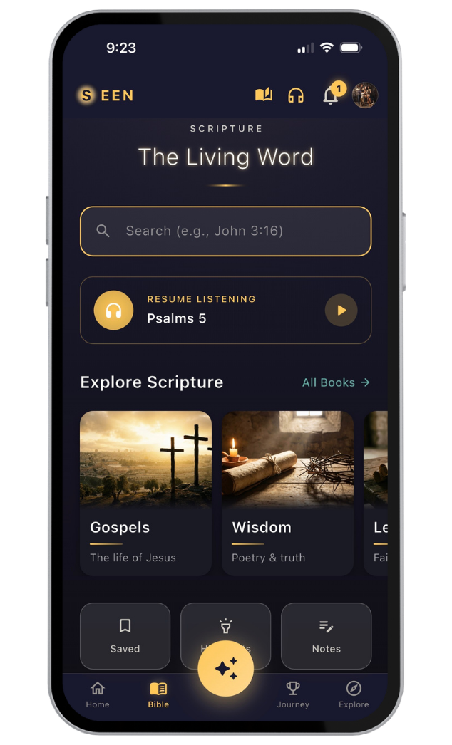 The Seen Bible reader on iPhone — The Living Word, verse search, Resume Listening, and the Explore Scripture shelves.