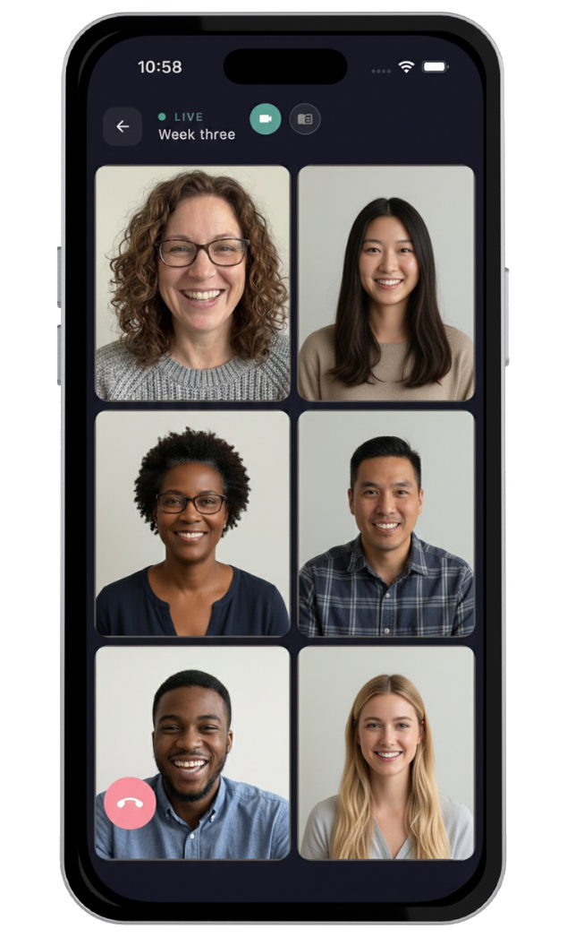 Screenshot of a live Seen Bible Study video session on iPhone — eight friends face-to-face on HD video, reading a book of the Bible together.