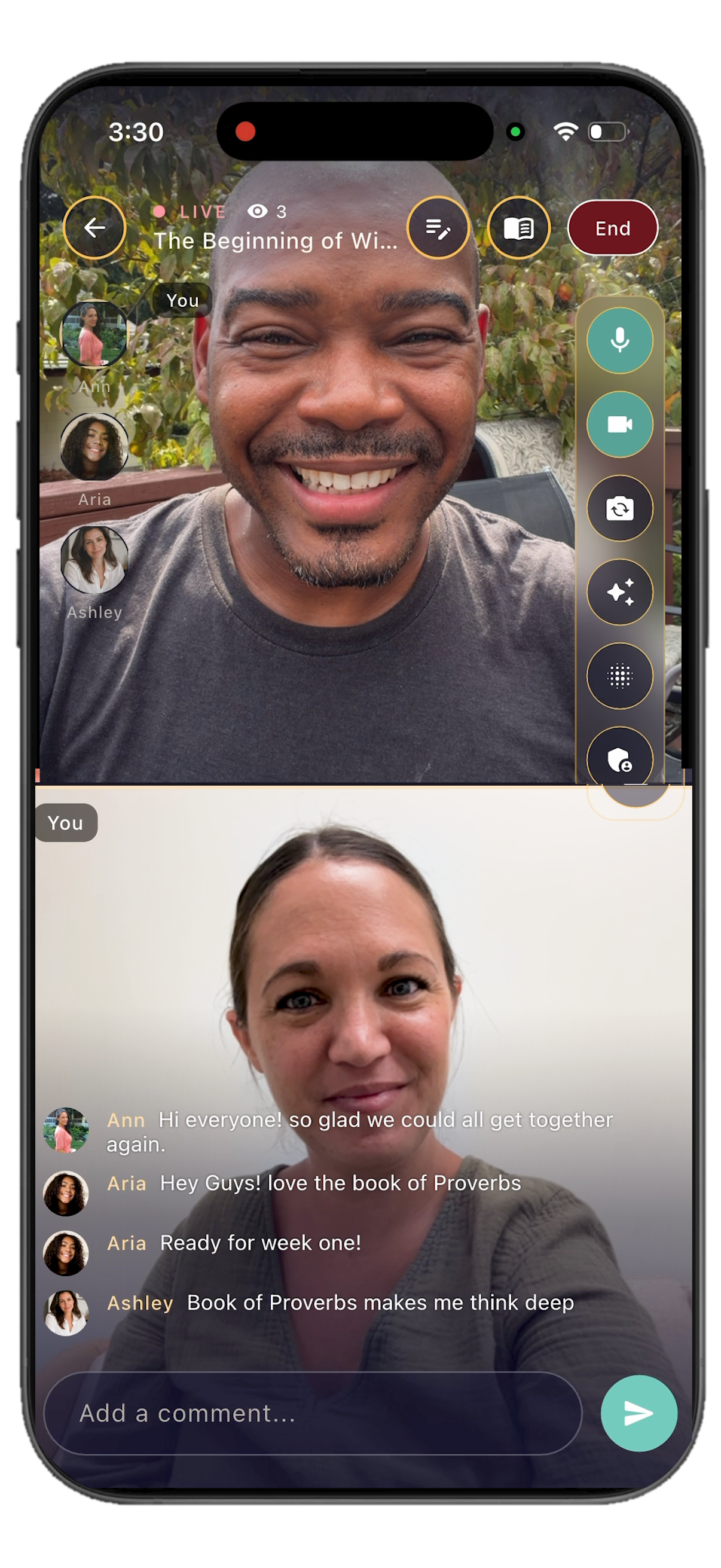 A live Seen Bible Study on iPhone — the host and a friend face to face on video, with the group's comments below.