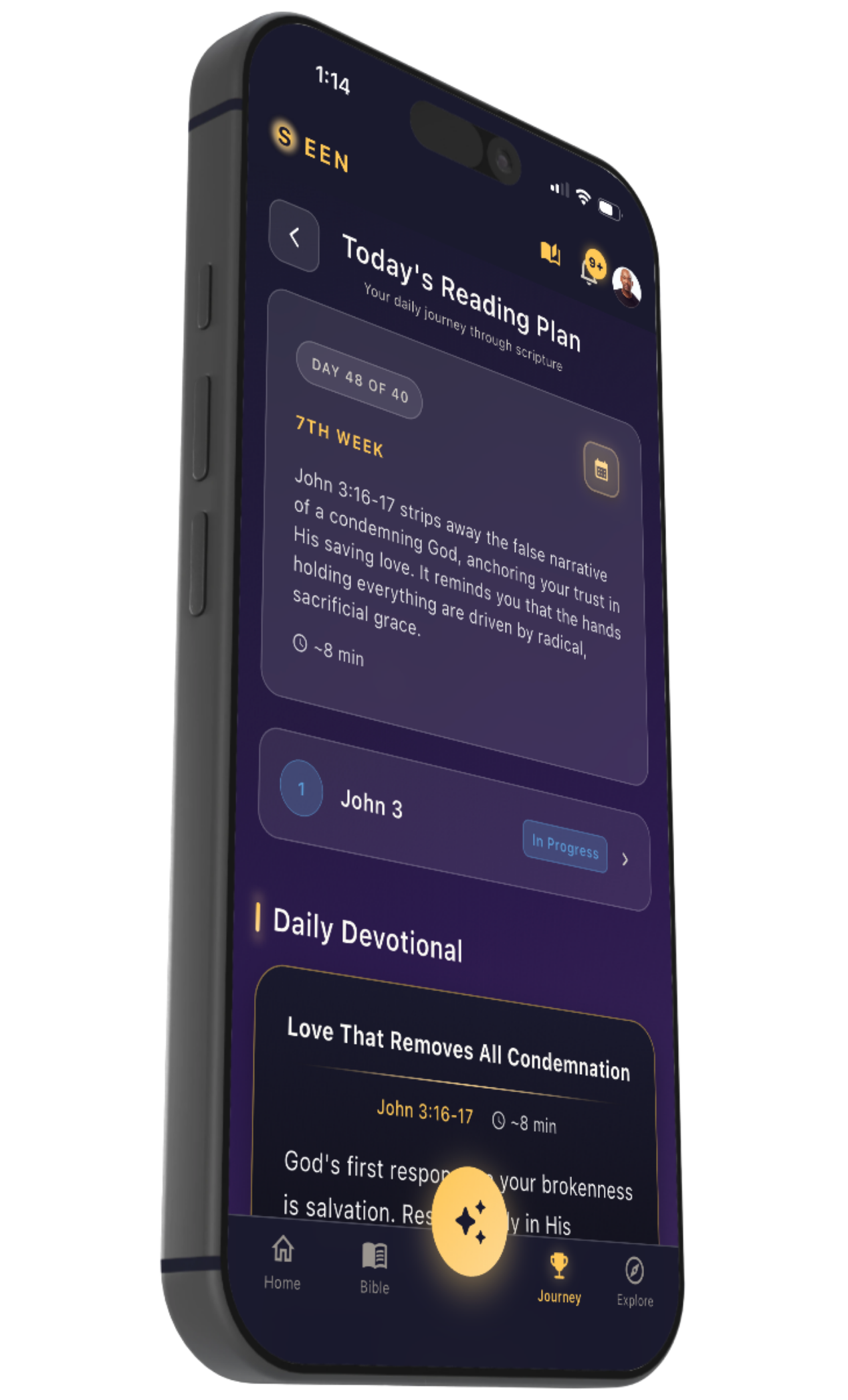 Screenshot of a Seen 30-day journey on iPhone — today's passage, devotional, and reflection question shaped from the user's onboarding answers.