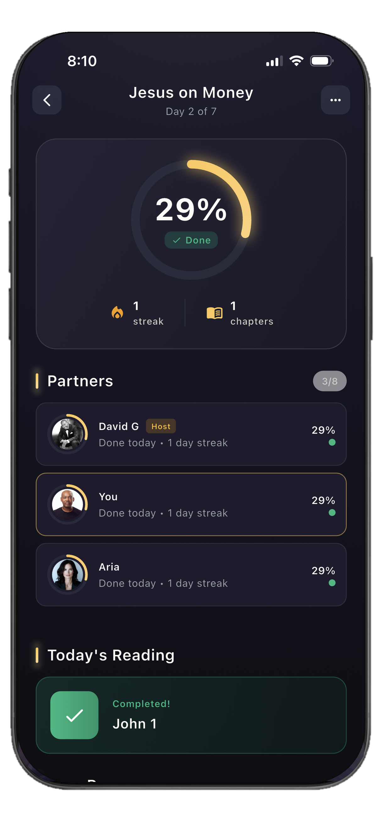 An interactive Reading Plan on iPhone — Jesus on Money, day 2 of 7, with the day's ring at 29% and David, You and Aria each showing done today and a one-day streak.
