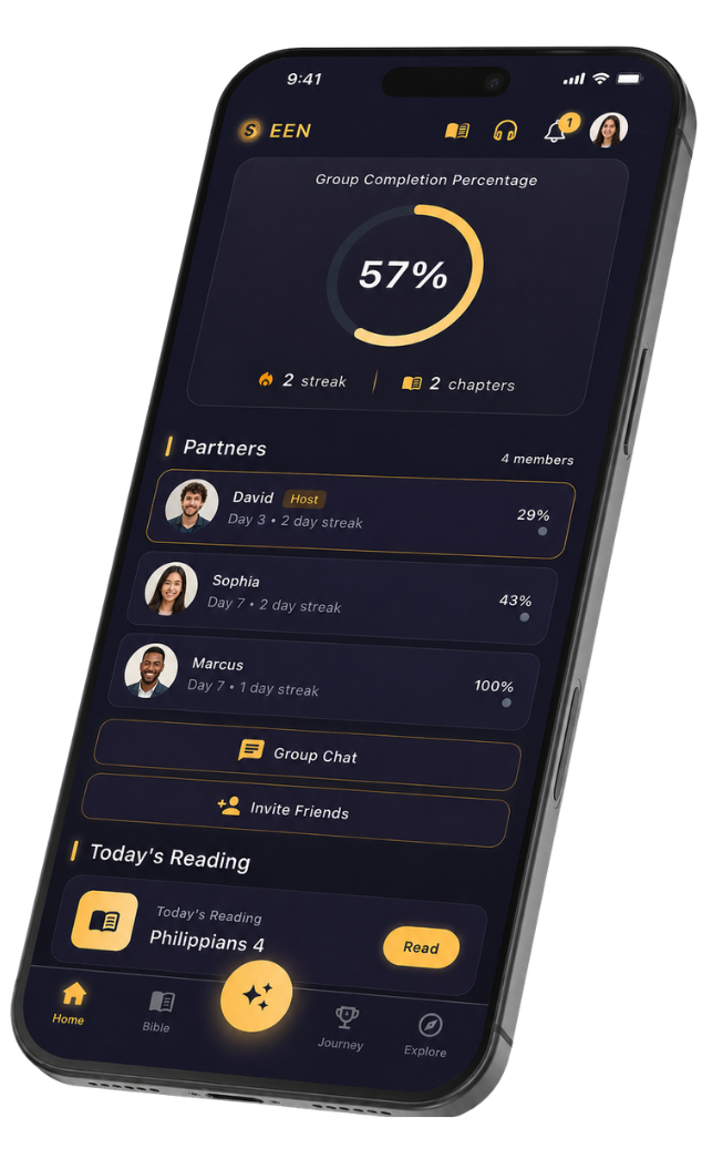 Screenshot of a Seen Reading Plan on iPhone — pick a book, a topic, or the whole Bible; invite a friend; rings sync each time you open Scripture.